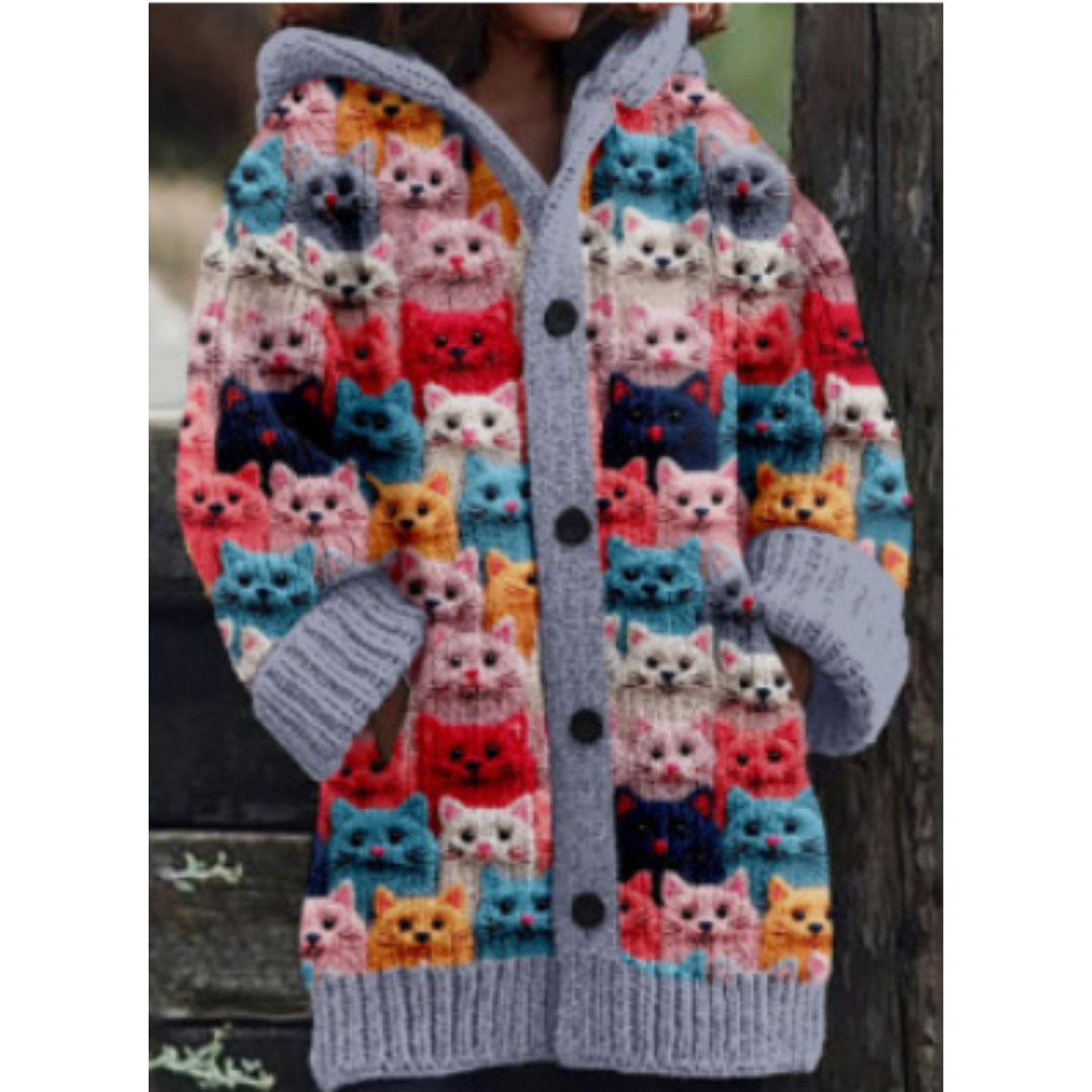 Cardigan Lenora Multicolored with Cat Patterns – Cozy & Original, Acrylic and Polyester Blend