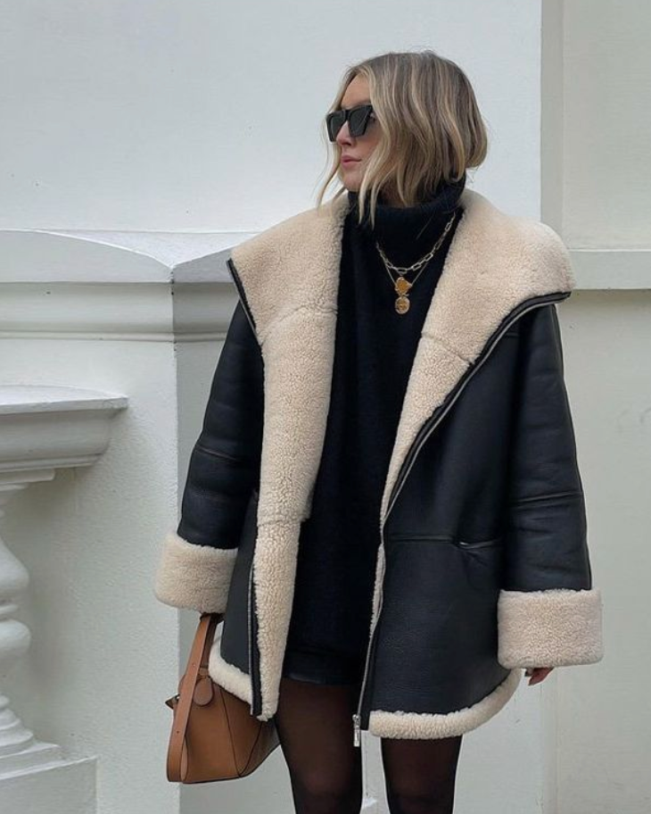Iris Women's Winter Coat in Faux Leather – Oversize Cut with Teddy Lining & Shearling Collar