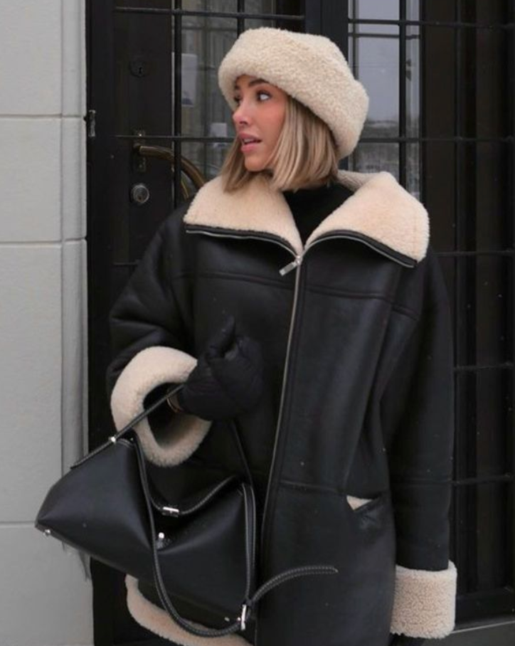 Iris Women's Winter Coat in Faux Leather – Oversize Cut with Teddy Lining & Shearling Collar