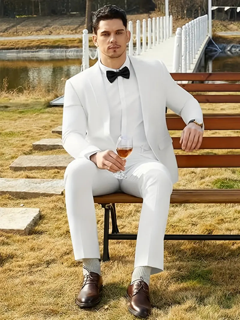 White Men’s Spring/Summer Two-Piece Suit – Blazer & Trousers Set