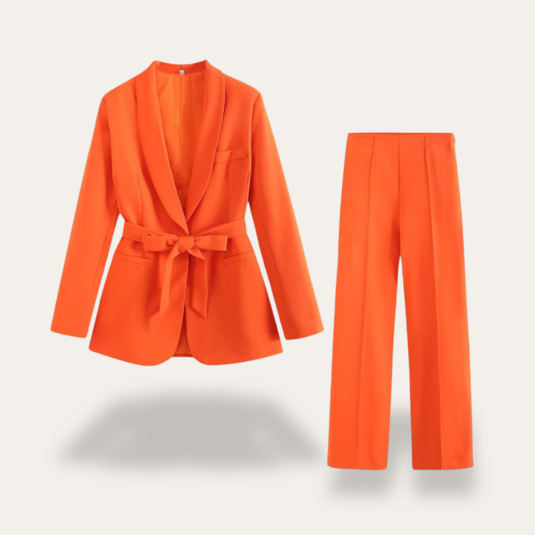 Women’s Belted Blazer and Wide-Leg Trousers Set – Elegant Tailored Two-Piece