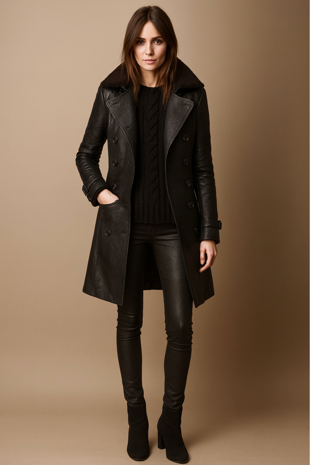 Women’s Black Faux Leather Trenchcoat – Belted, Double-Breasted
