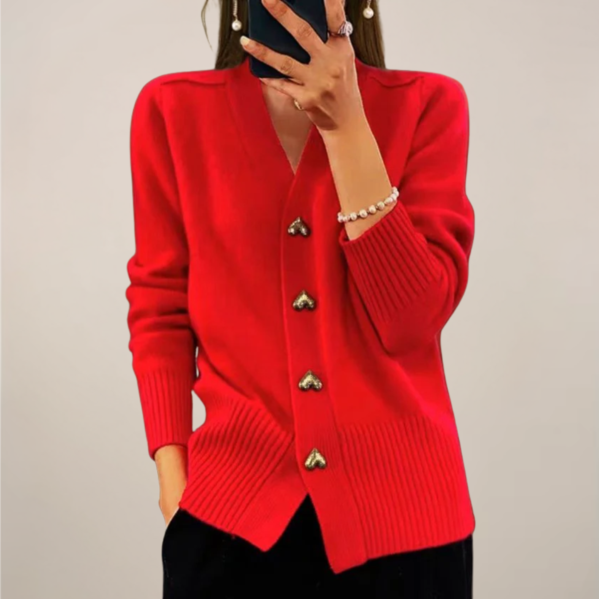 Women’s Cardigan – Gold Heart Button Detail, Elegant Layering Essential