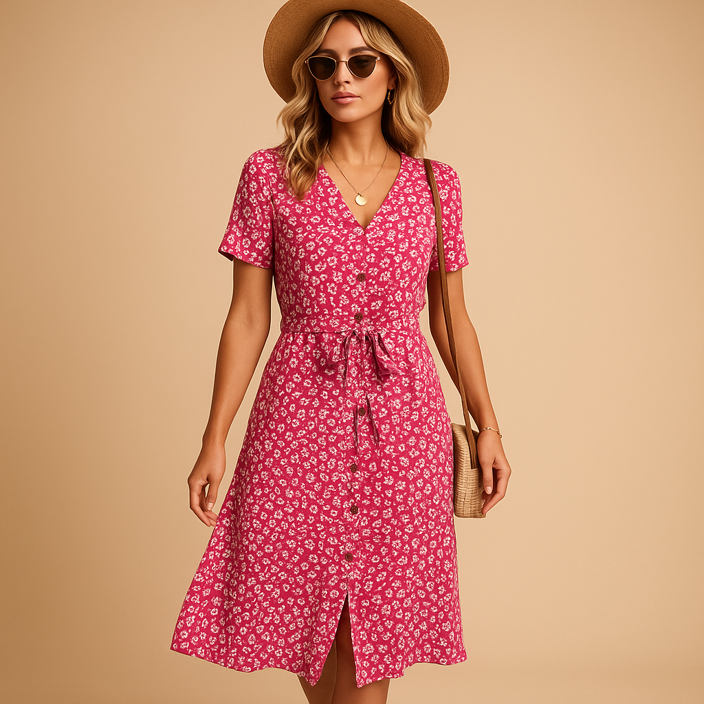 Women’s Floral Midi Dress – Lightweight Fit with Short Sleeves