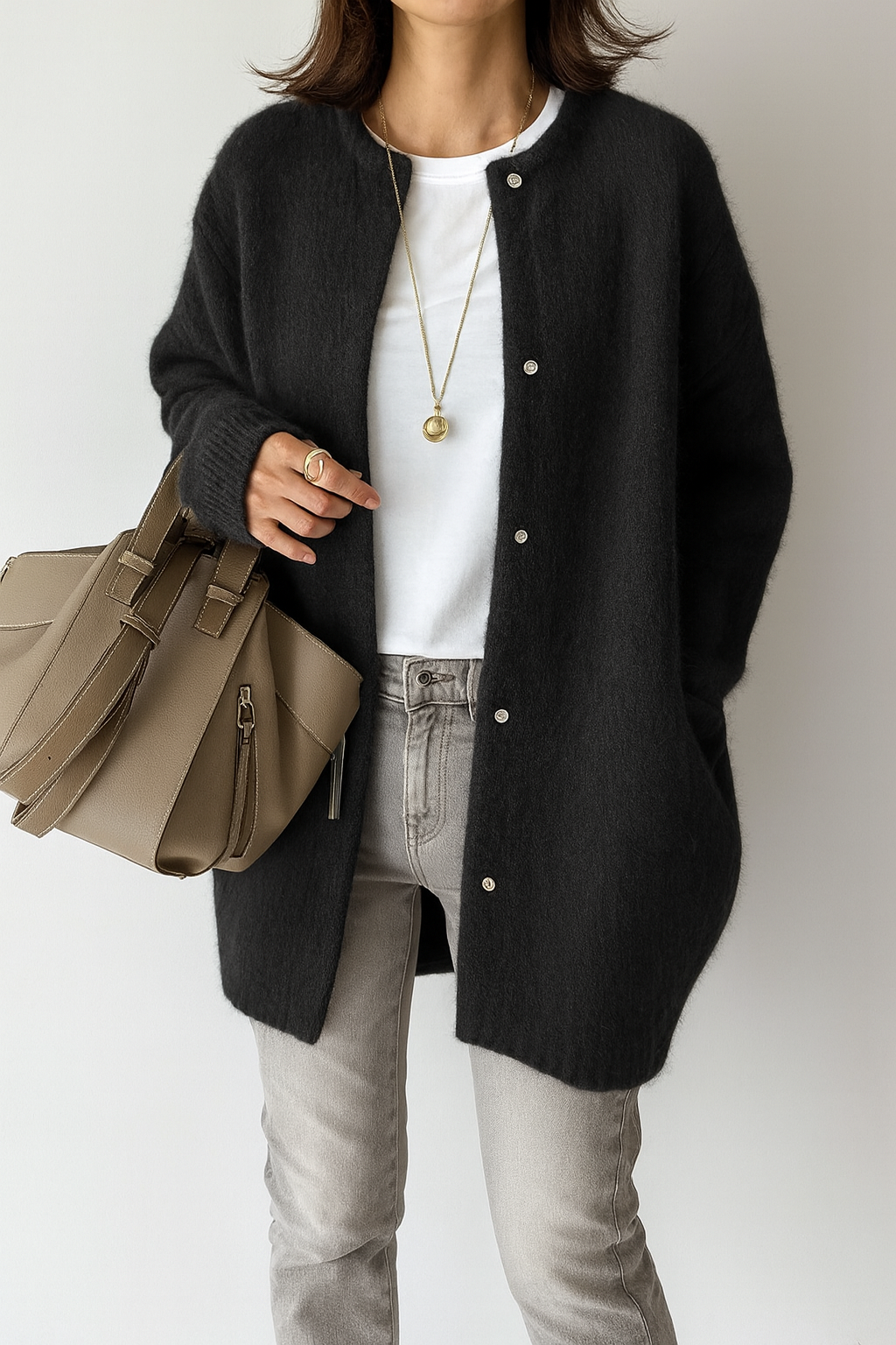 Women’s Long Cardigan – Oversized, Press-Stud Front, Longline Knit