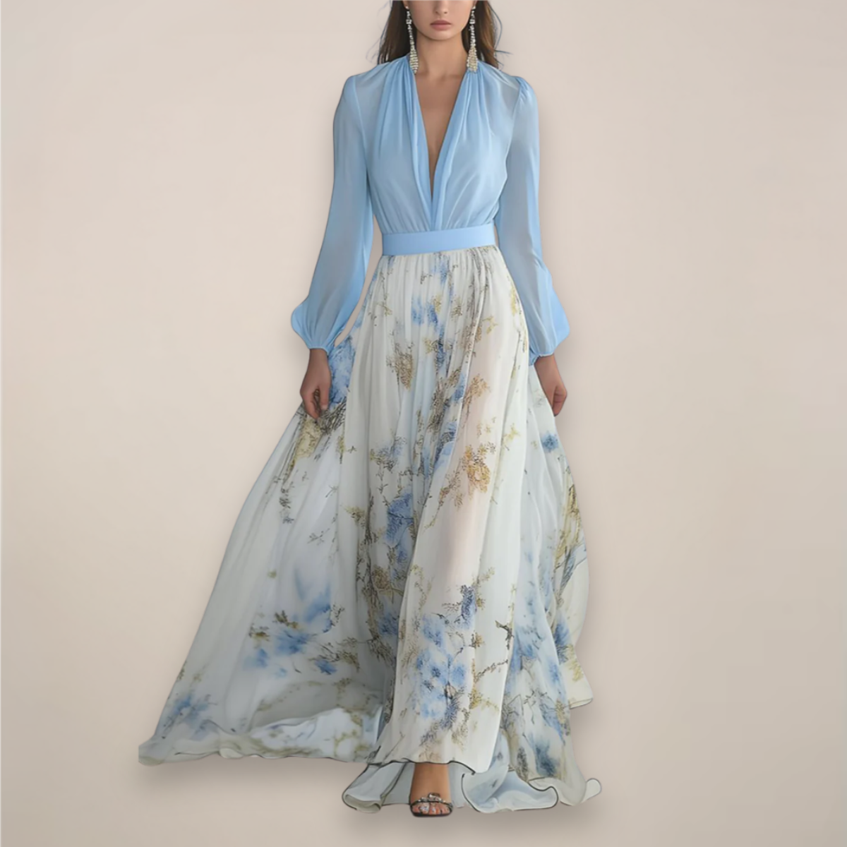 Women’s Long Sleeves Floral Maxi Dress – V-Neck Elegance