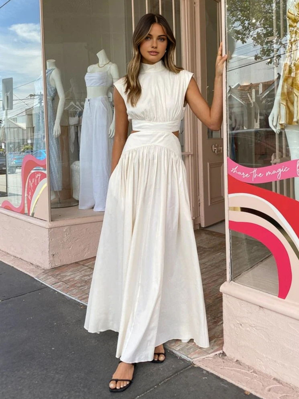 Women’s Mock Neck Maxi Dress – Sleeveless Romantic Style for Work, Holidays, and Parties