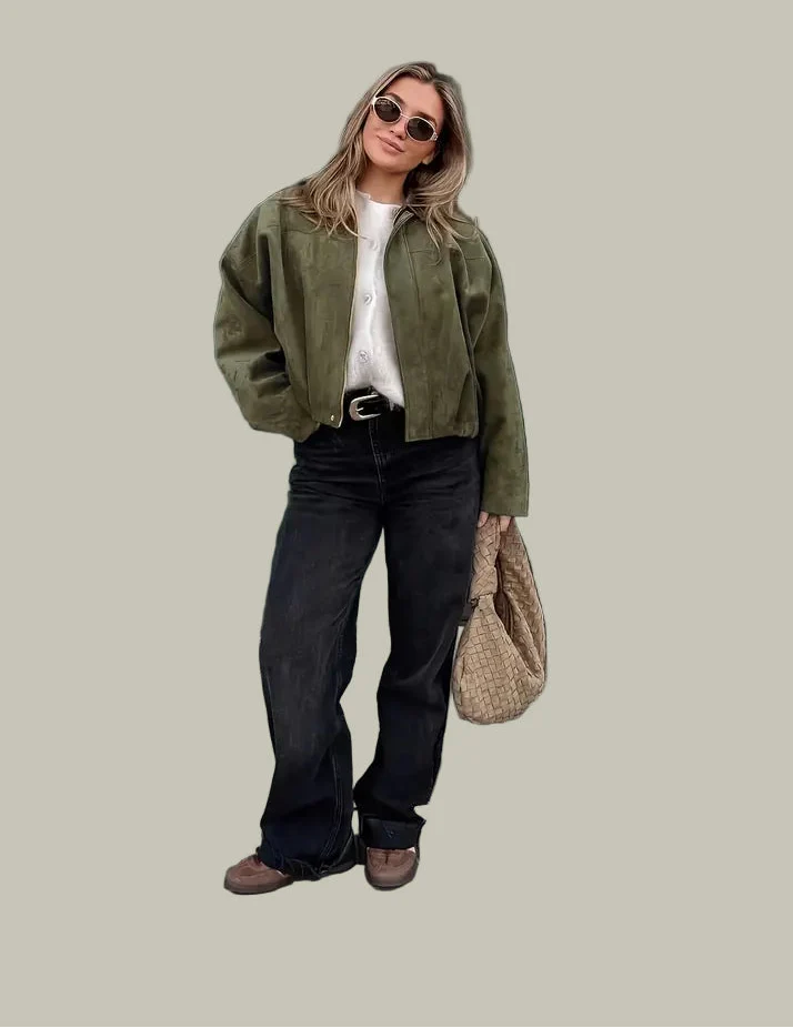 Women’s Short Jacket – Faux Suede, Oversized, Elasticated Hem