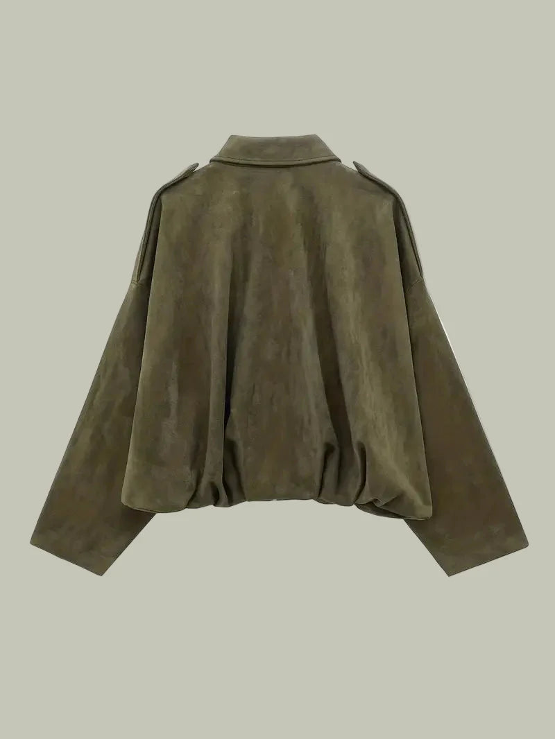 Women’s Short Jacket – Faux Suede, Oversized, Elasticated Hem