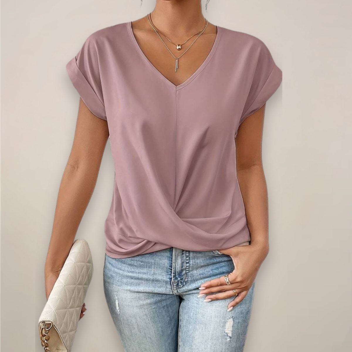 Women’s Short Sleeve Twist Front Top – V-Neck – Spring, Summer