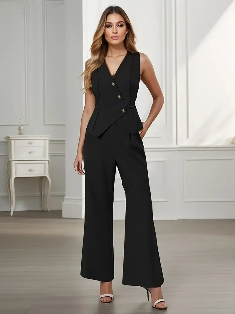 Women’s Tailored Set – Sleeveless Blazer Top & Wide-Leg Trousers – Elegant Formal Wear