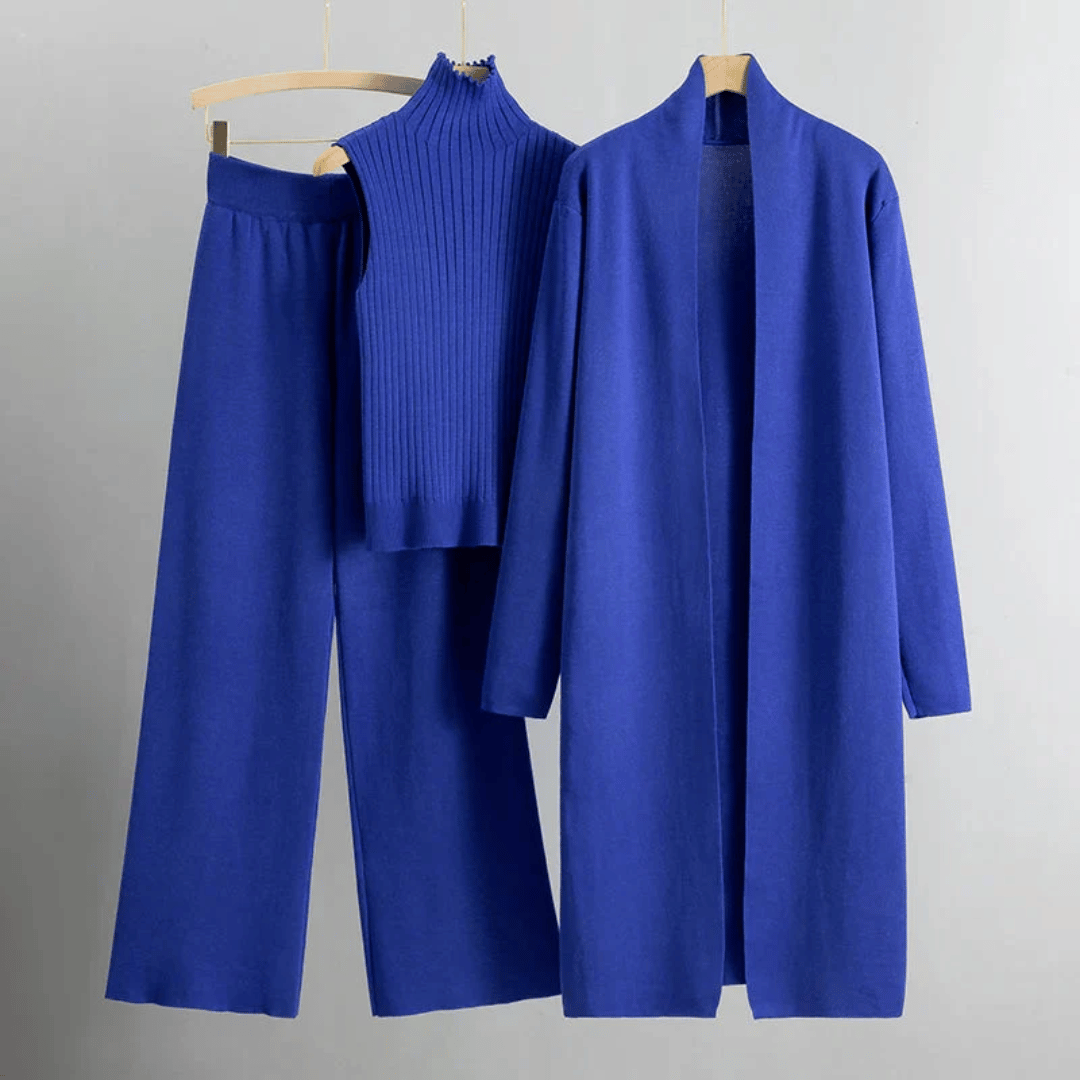 Women’s Three-Piece Lounge Set – Ribbed Knit Top, Wide-Leg Trousers & Longline Cardigan