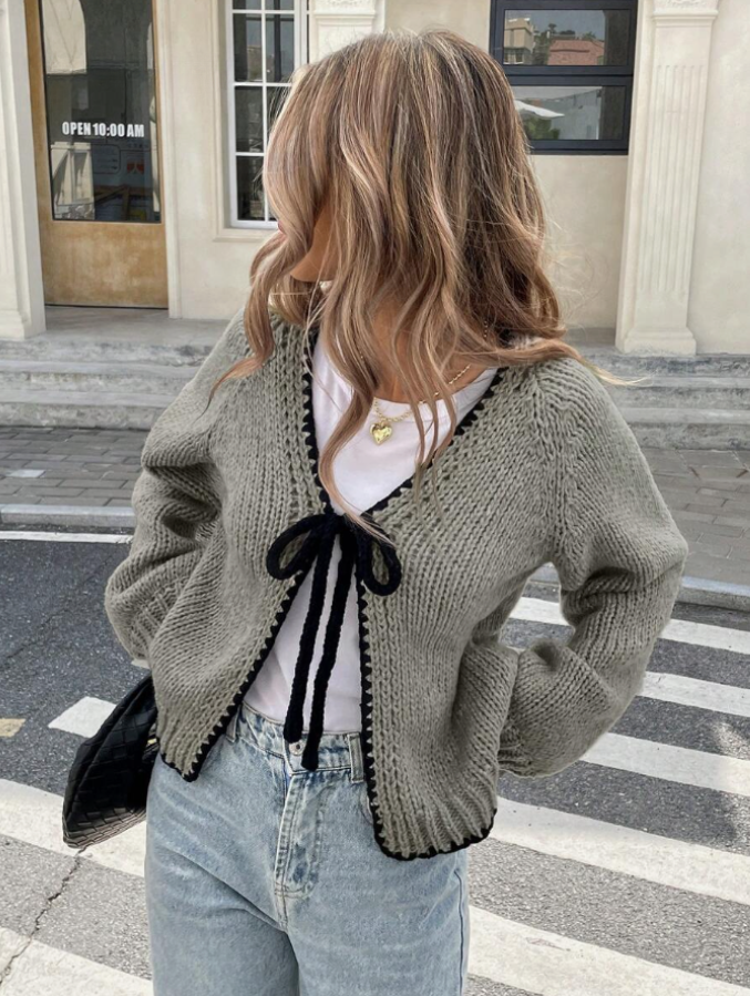 Women’s Tie-Front Cardigan – Cropped Knit Layer with Contrast Trim