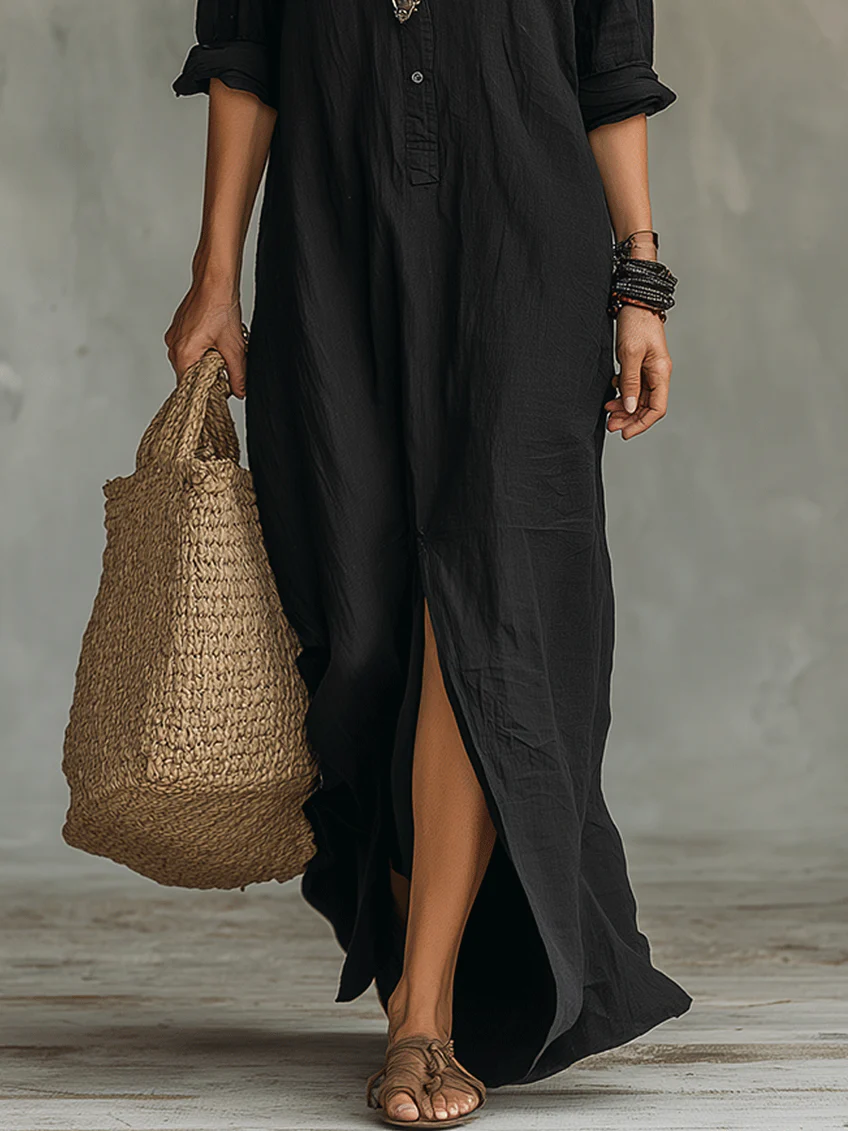 Soline™ | Loose Green Maxi Dress with Buttons