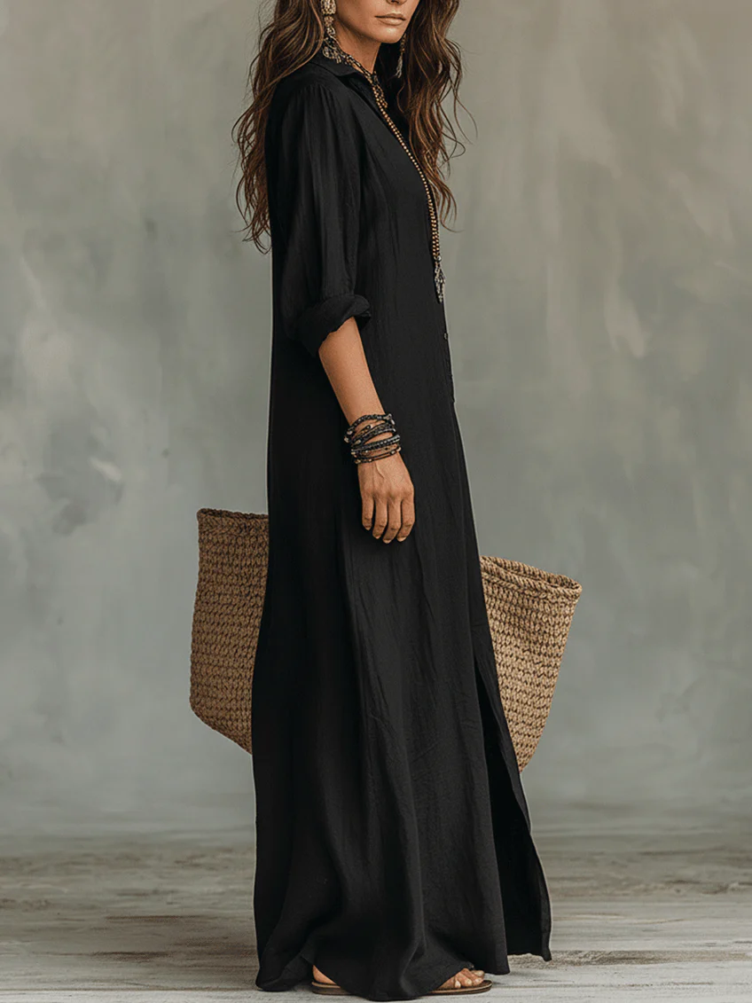 Soline™ | Loose Green Maxi Dress with Buttons