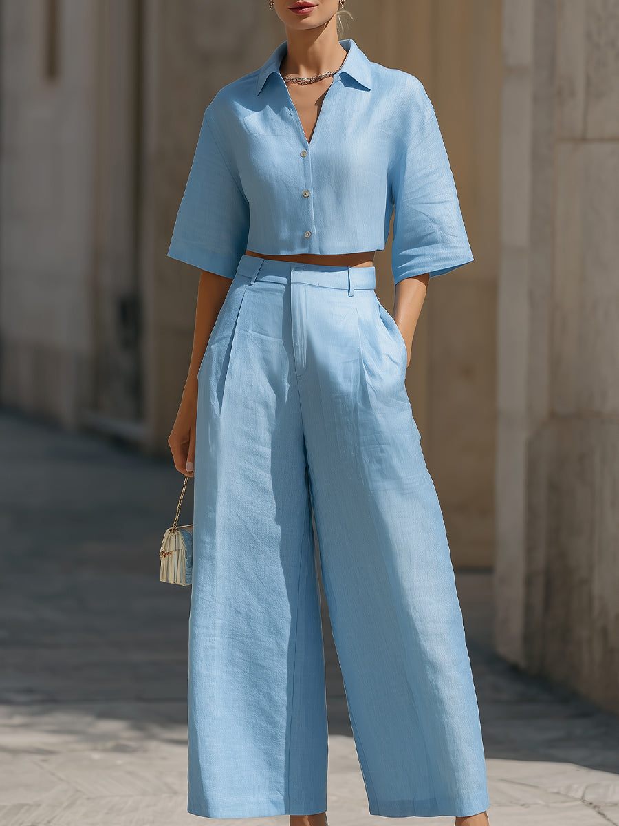 Sky Blue Linen Cropped Shirt & Wide-Leg Trouser Two-Piece Set