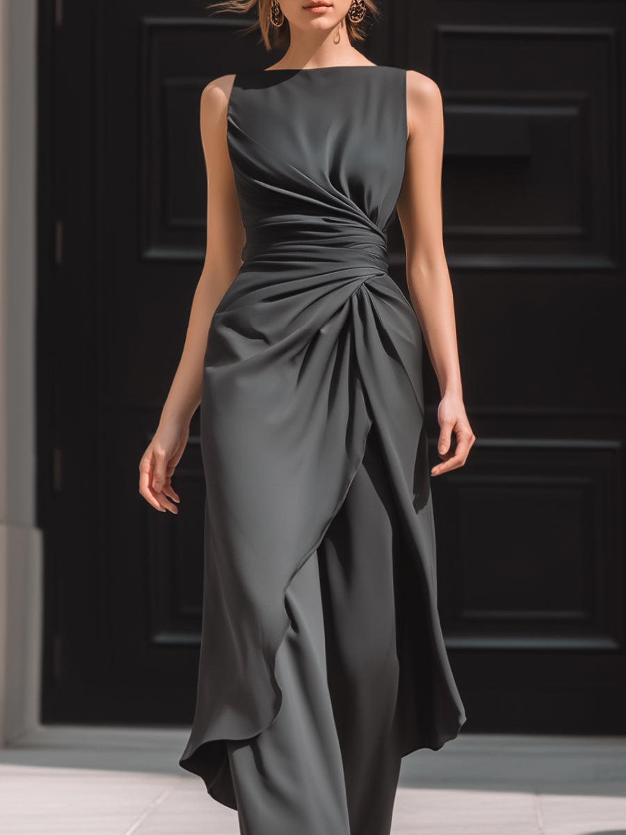 Ruched Asymmetric Top & Wide-Leg Trouser Tailored Two-Piece Set