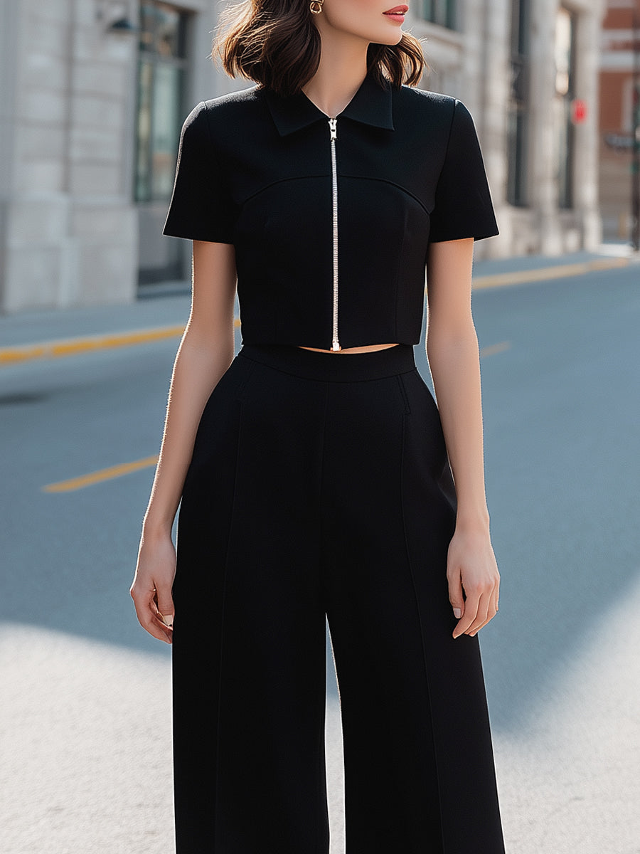 Zip-Front Cropped Top & Wide-Leg Trousers Tailored Set