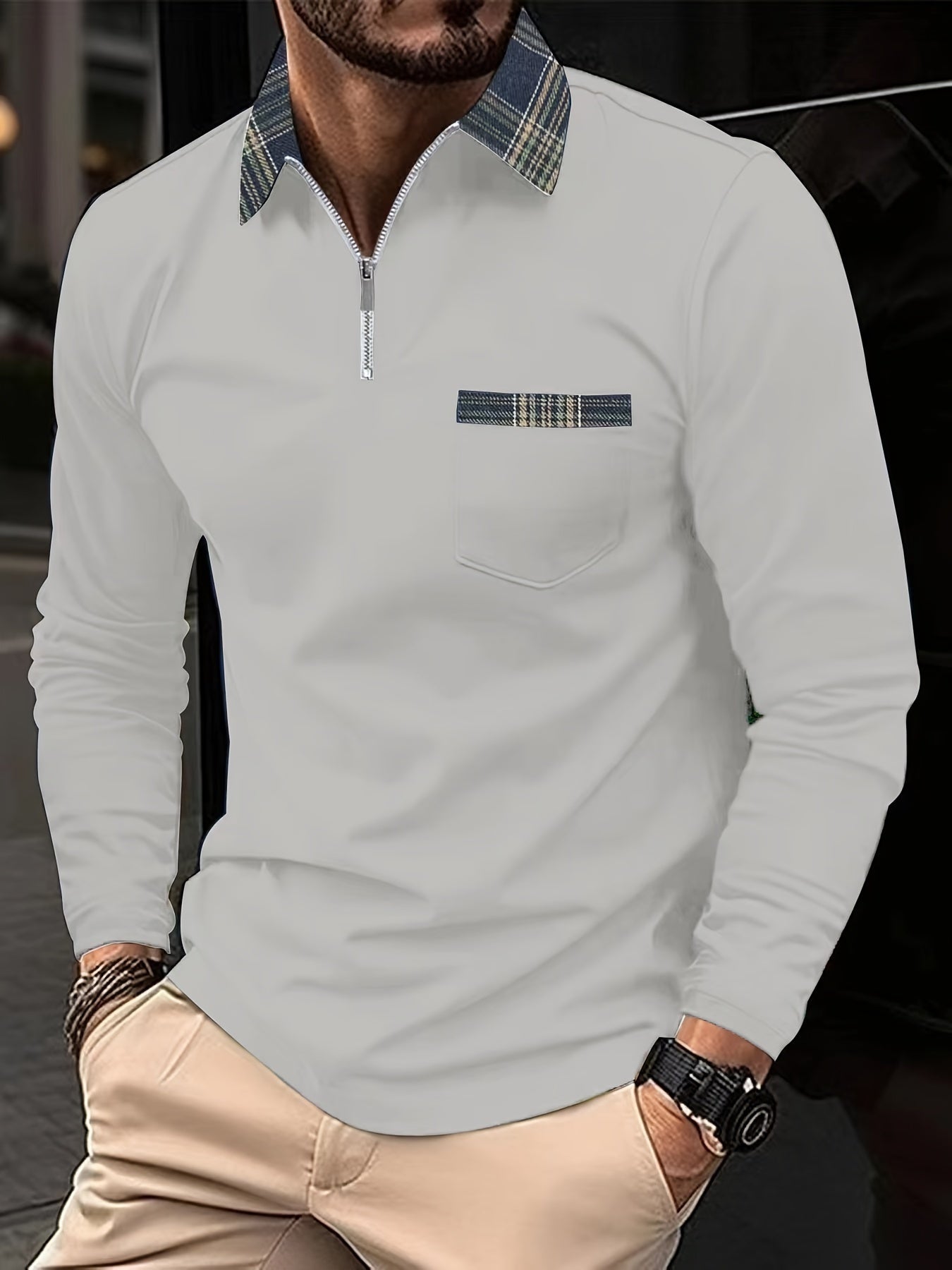 Frank Polo Long Sleeves – Zip Collar & Checkered Pattern, Elegance and Comfort Men