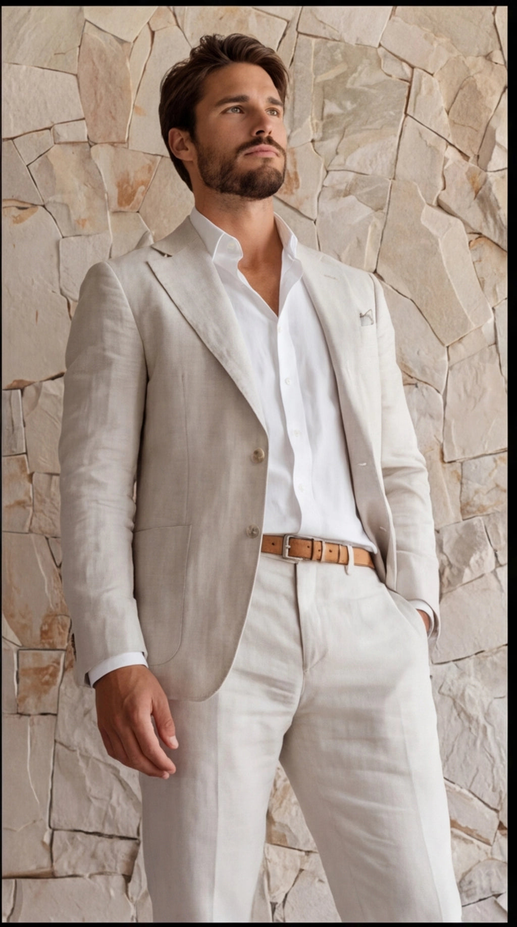 Two-Piece Linen Blend Men’s Suit – Slim Blazer & Trousers for Business & Weddings