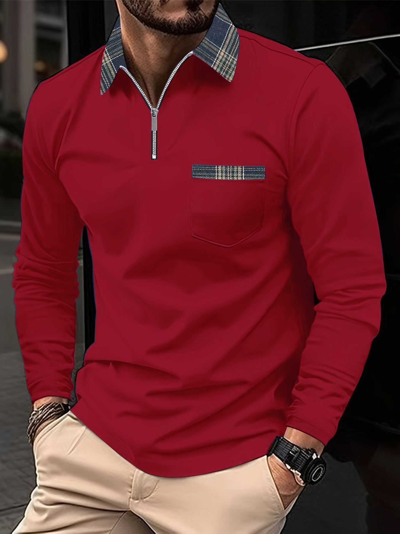 Frank Polo Long Sleeves – Zip Collar & Checkered Pattern, Elegance and Comfort Men