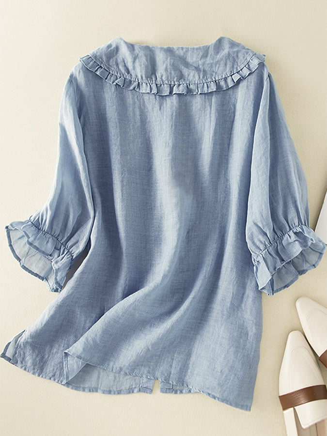 Jillian Blouse Woman – Loose Cotton-Linen Shirt with Chic Peter Pan Collar and Ruffles