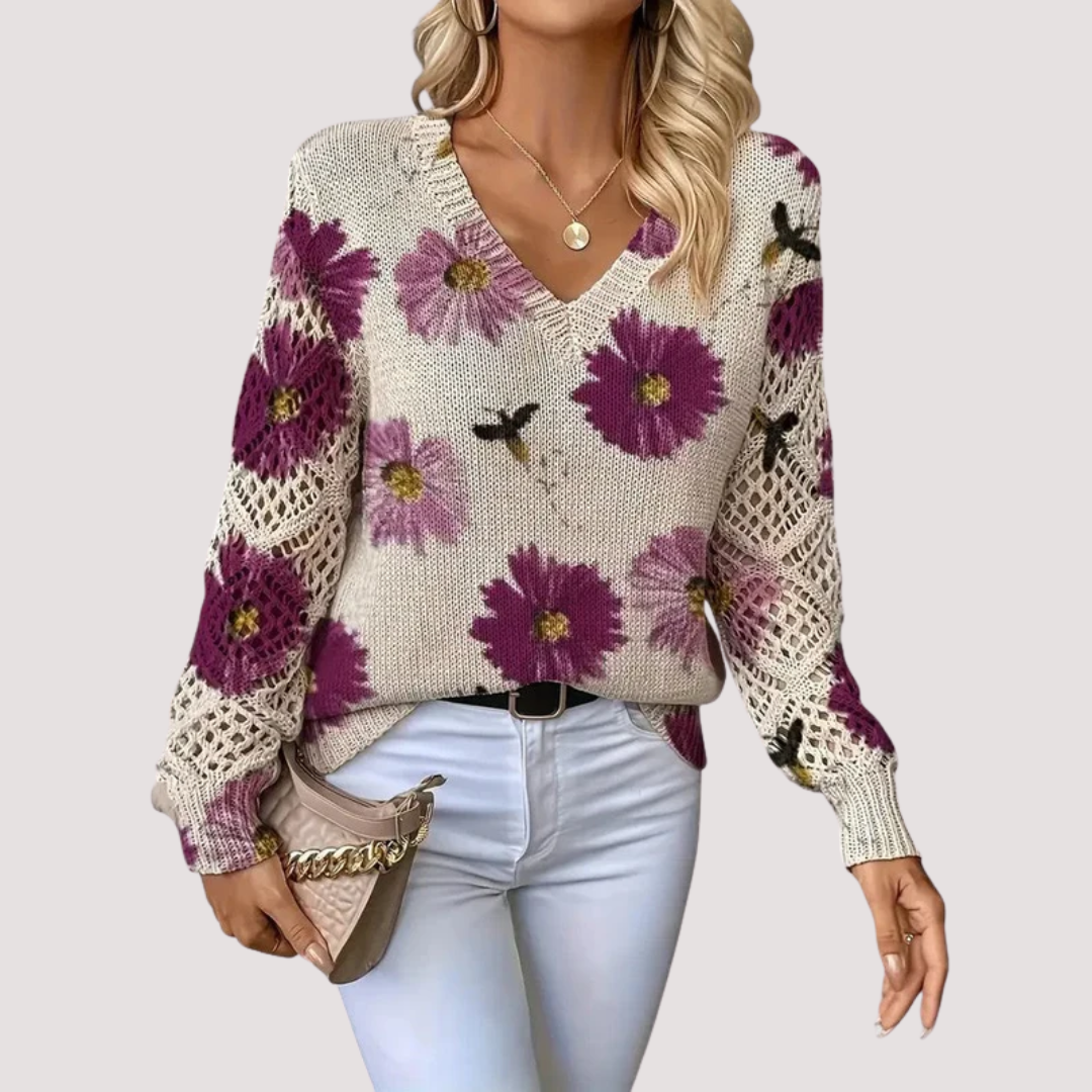 Nancy Women's Lightweight Knit Sweater – Breathable Mesh with Floral Pattern & Elegant V-Neck