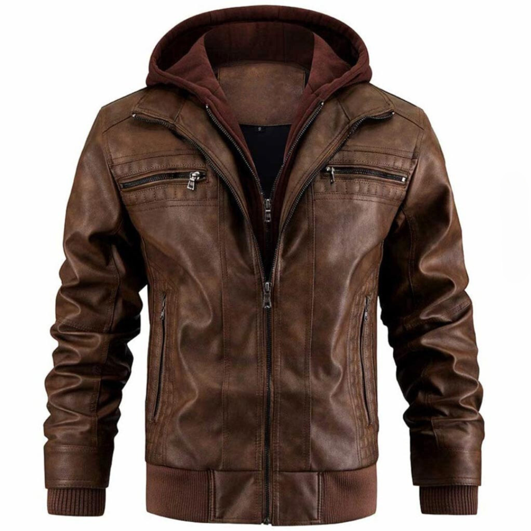Jace Men's Leather Jacket – Retro Motorcycle Style with Hood & Zipper Closure