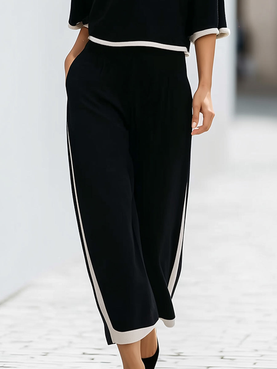 Contrast Trim Knit Lounge Set | Relaxed Short Sleeve Top & Wide-Leg Pants