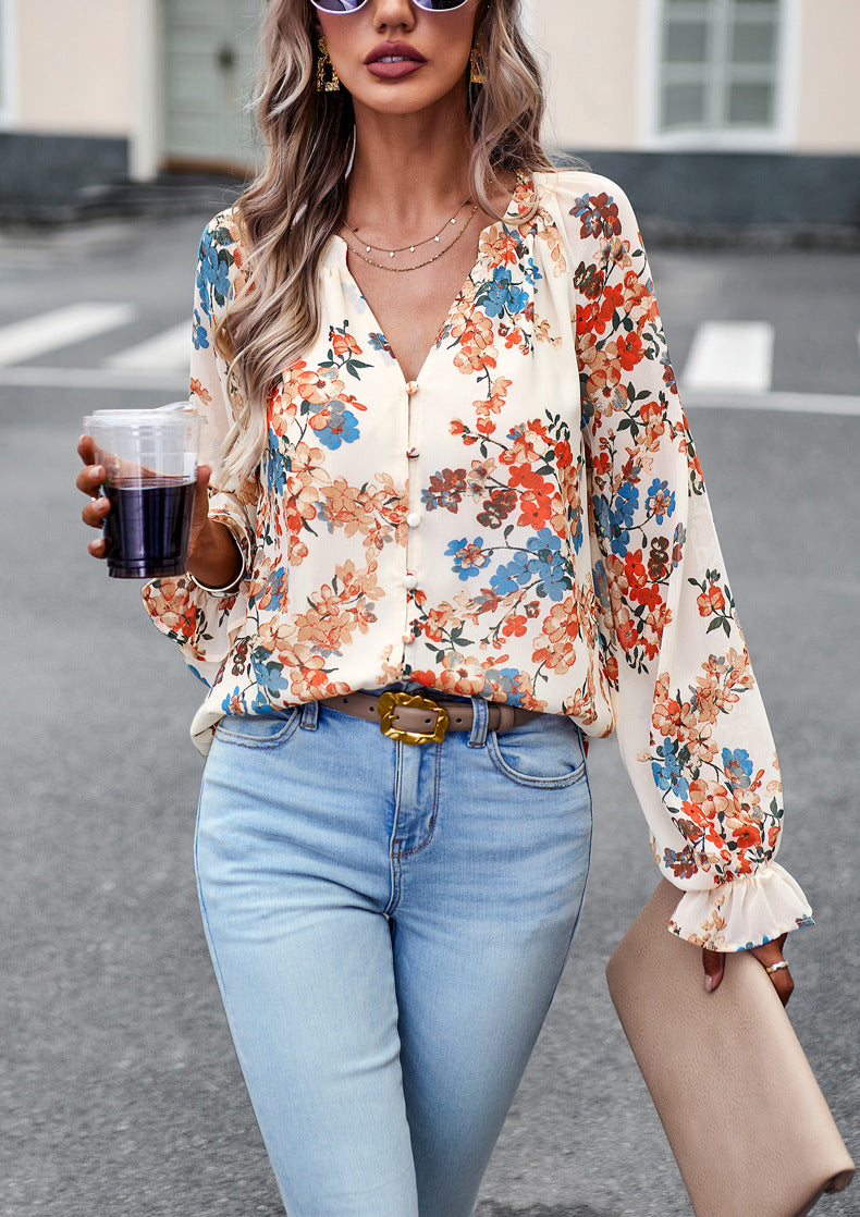 Aaliyah Blouse Femme – Lightweight Floral Top with Long Sleeves & V-Neck for Elegant Style