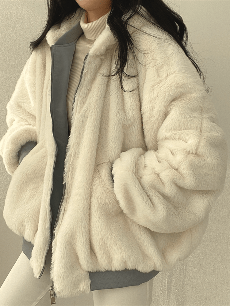 Daniela Teddy Oversize Jacket Women – Soft Reversible Bomber with Pockets & Streetwear Style
