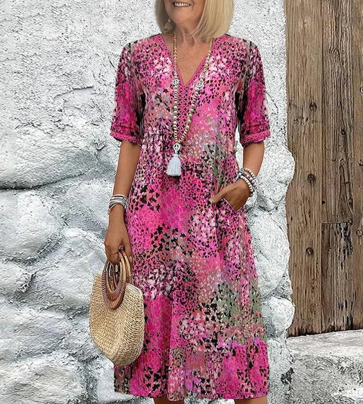 Women's Floral V-Neck Midi Dress - Short Sleeve Casual Summer Dress
