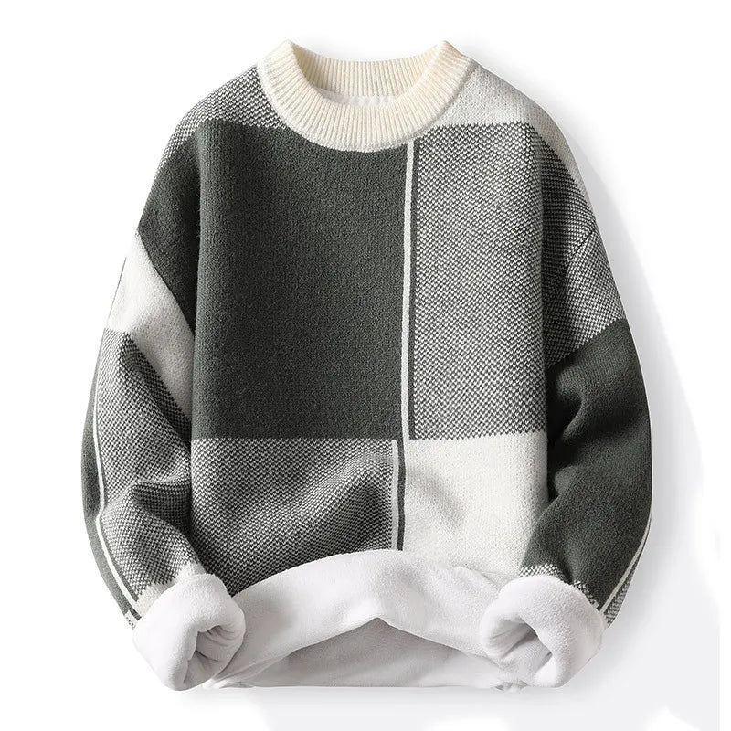 Men’s Colour-Block Knitted Jumper – Crew Neck, Long Sleeve - Geometric Design
