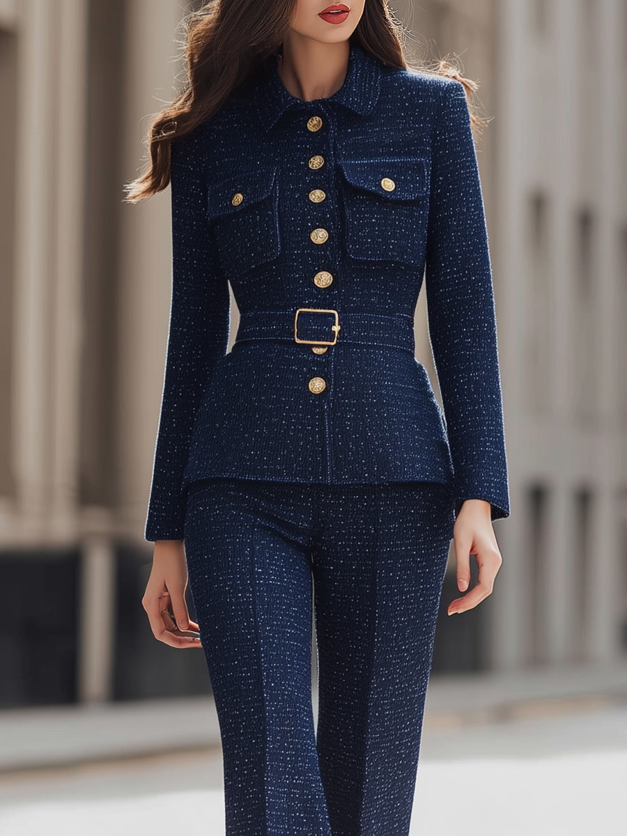Tweed Belted Blazer And Pants Set With Gold Buttons