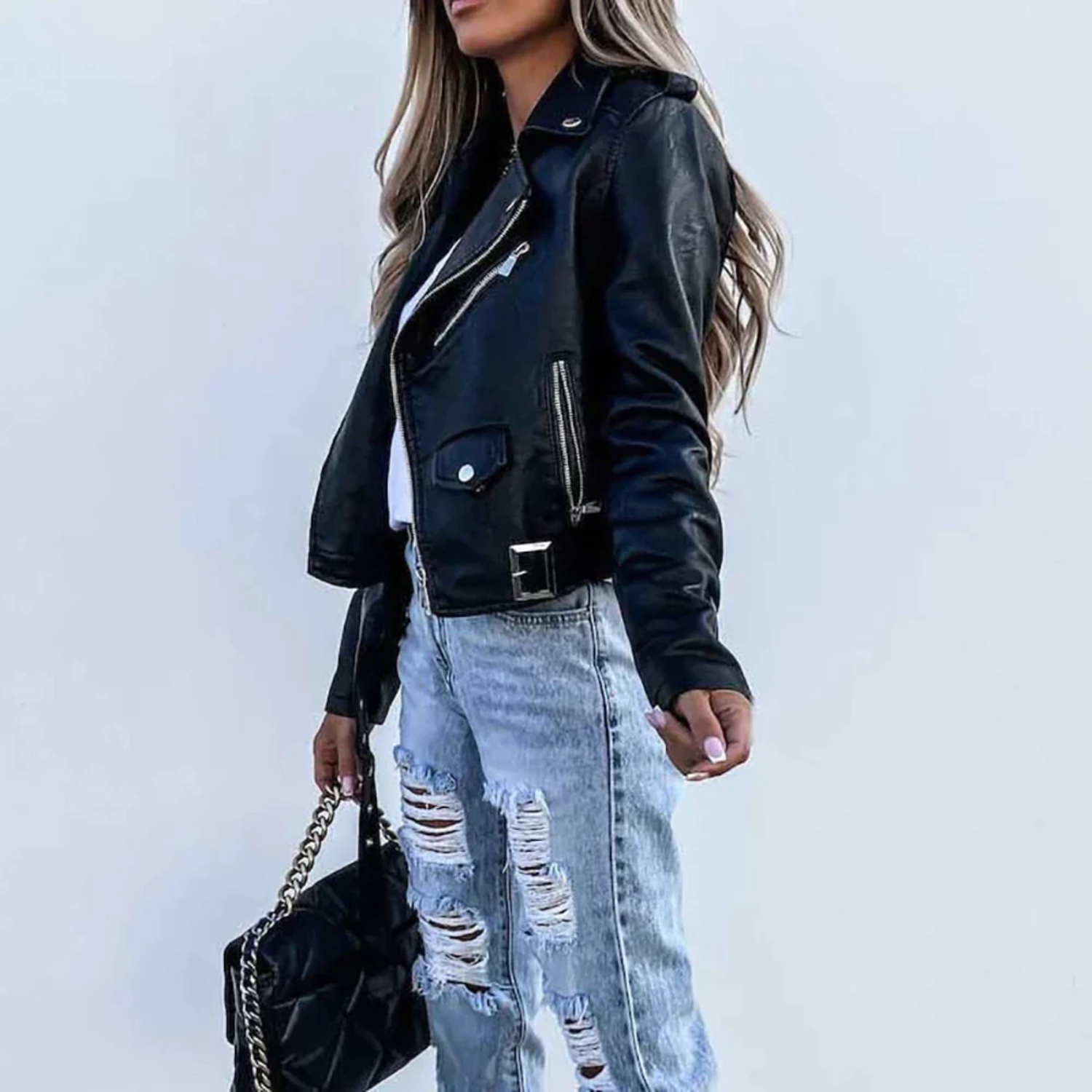 Eva Leather Jacket Women – Luxury Leather with High Collar, Belt & Elegant Design