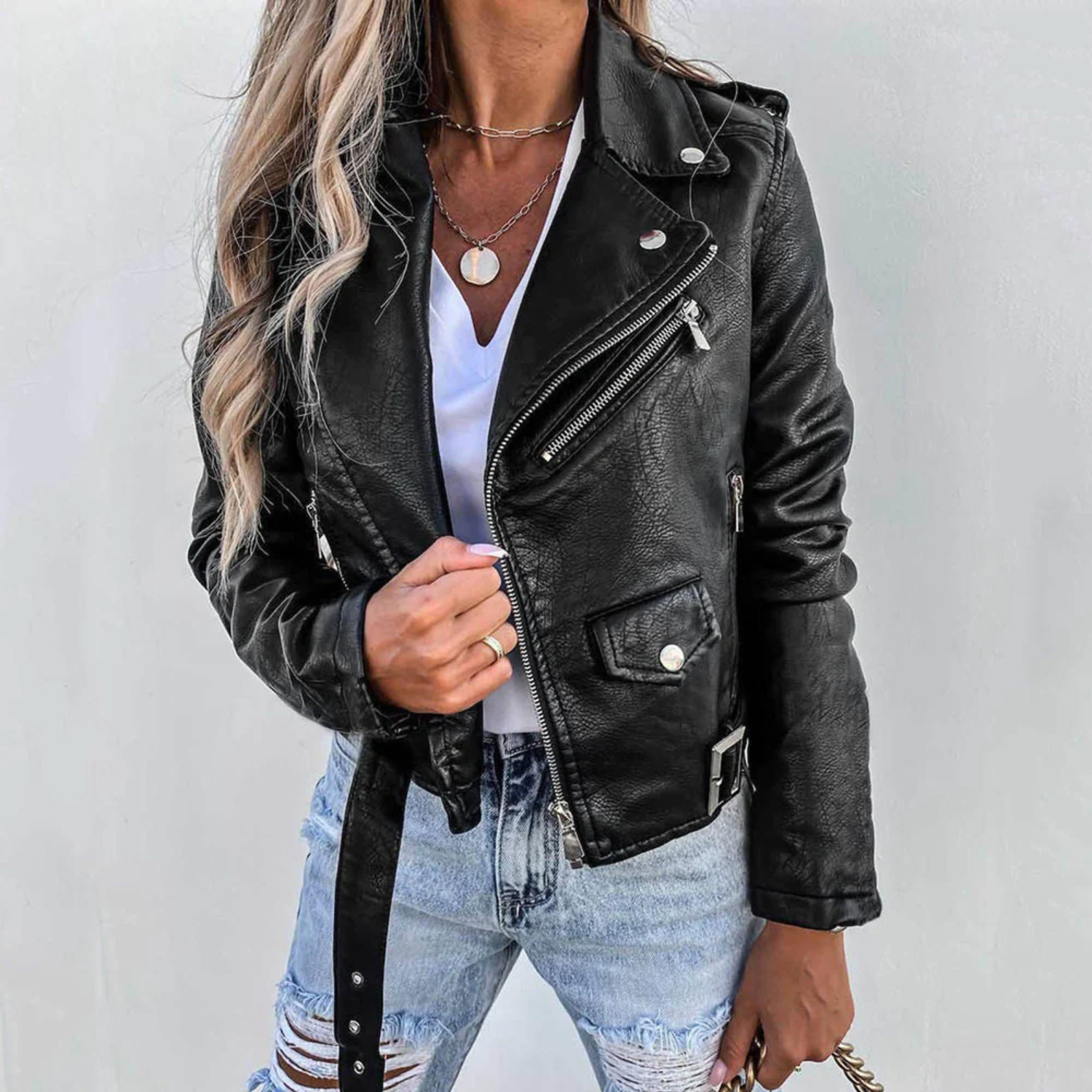 Eva Leather Jacket Women – Luxury Leather with High Collar, Belt & Elegant Design
