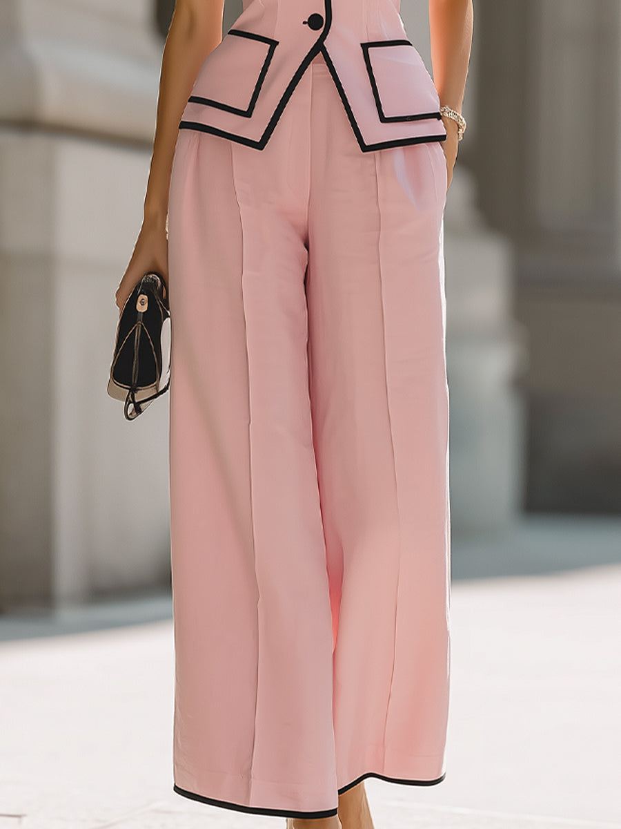 Tailored Vest & Wide-Leg Pants Set With Black Piping