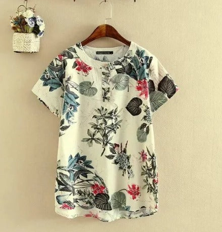 T-Shirt Woman Elisse – Casual T-Shirt with Floral Print, Cotton-Linen Mix & Knotted Detail