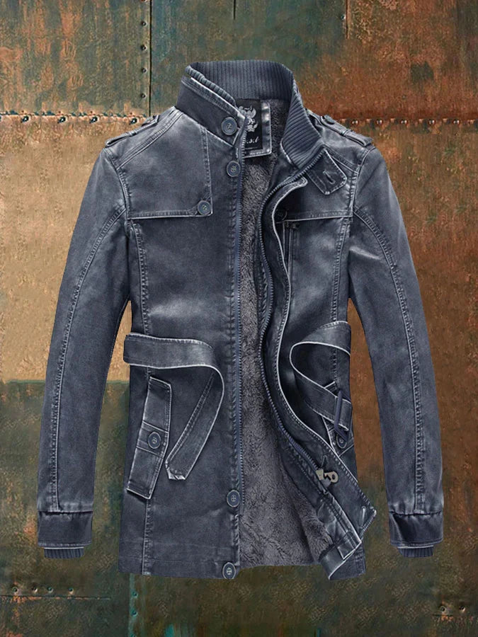 Shon Men's Vintage Leather Jacket – Elegant Retro Style with Warm Lining & Classic Buttons