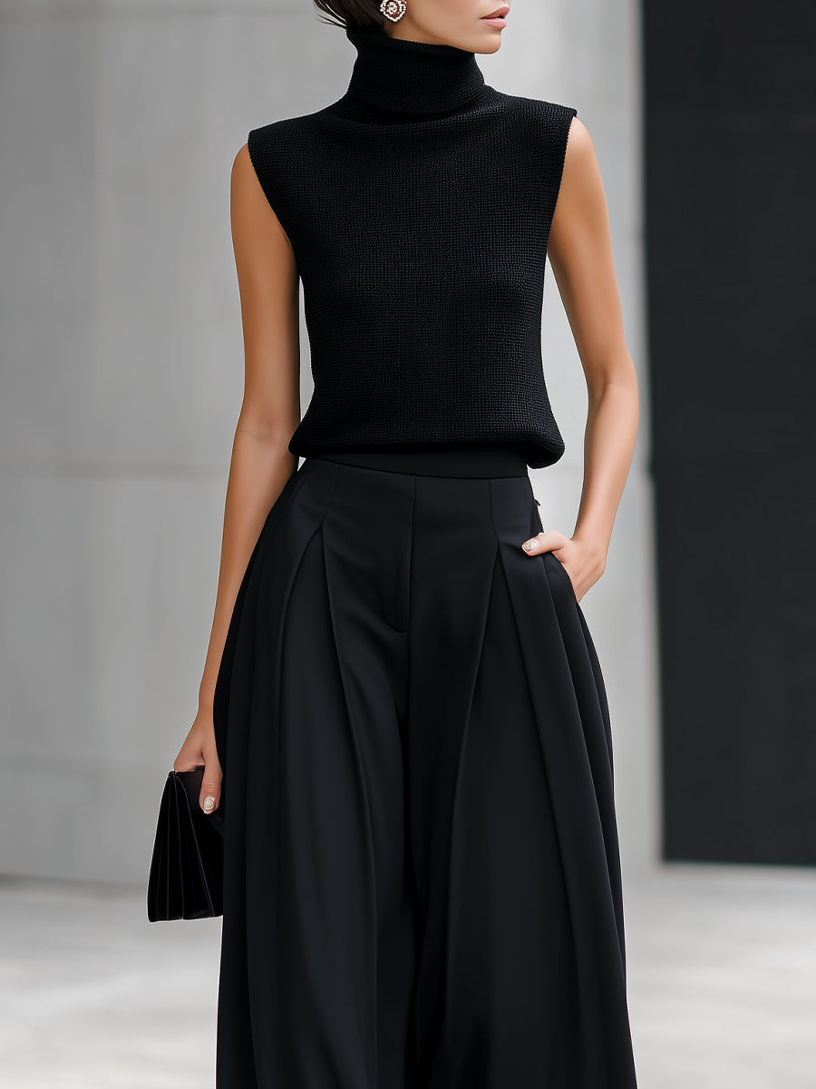 Black Turtleneck Sleeveless Knit Top & Pleated Wide-Leg Trouser Two-Piece Set
