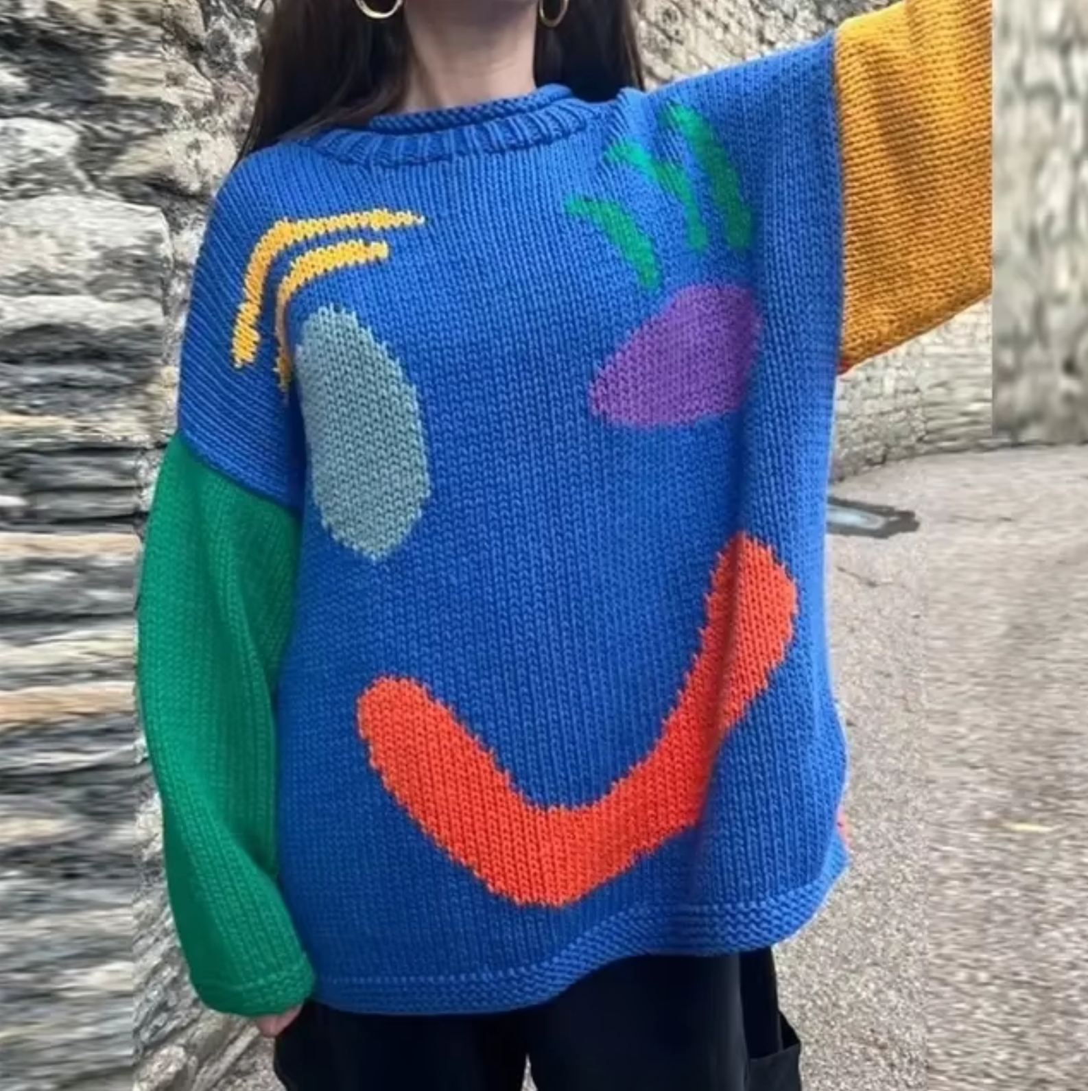 Fay Oversize Bohemian Women's Sweater – Soft Cotton Sweatshirt with Trendy Smile Pattern