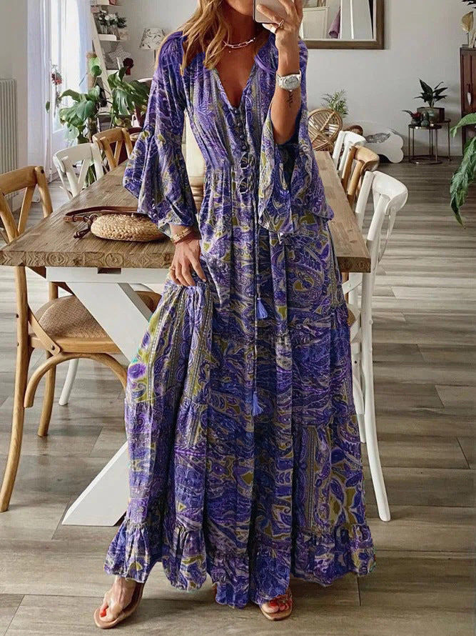 Bohemian Flowy Paisley Maxi Dress with Flared Sleeves for Women