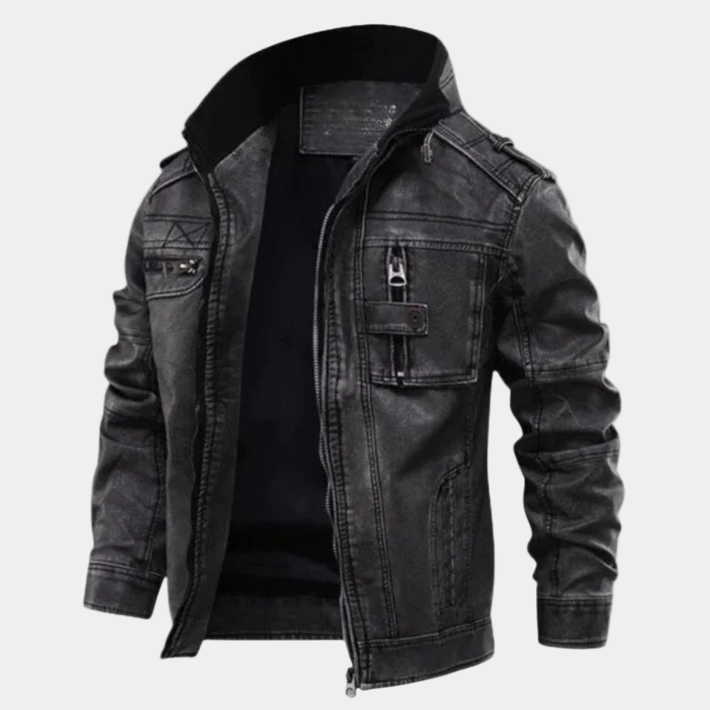 Zayron Men's Leather Jacket – Leather Blouson with Stand-Up Collar in Timeless Style