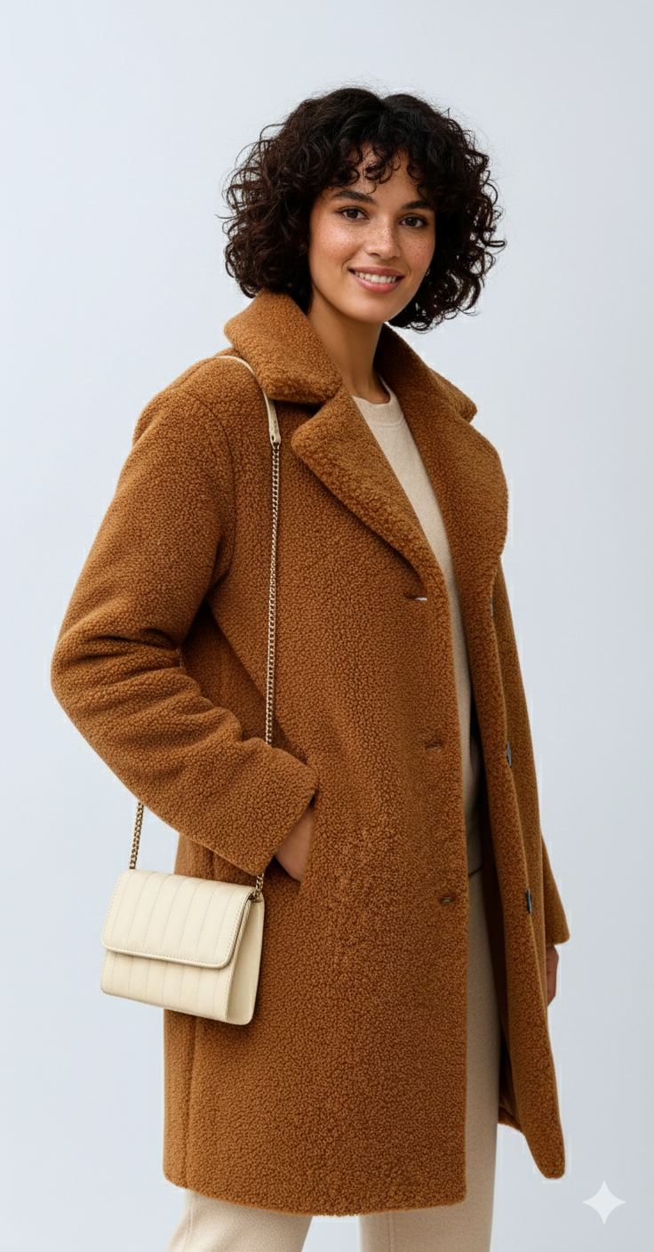 Mayleen Teddy Coat for Women – Soft and Warm Jacket with Lapel Collar and Button Closure