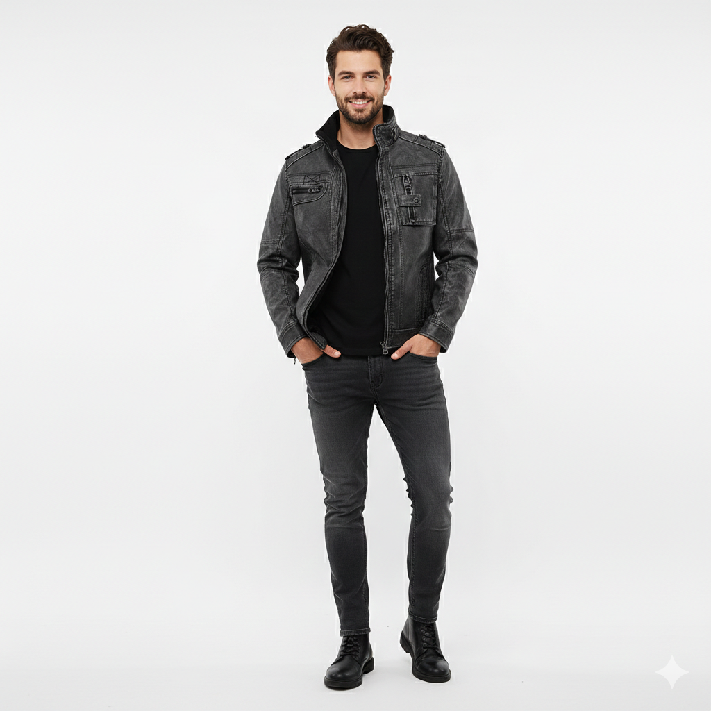 Zayron Men's Leather Jacket – Leather Blouson with Stand-Up Collar in Timeless Style