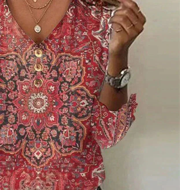 Brianna Blouse Bohemian Woman – Ruby Red Blouse with Oriental Print & Authentic Boho Style