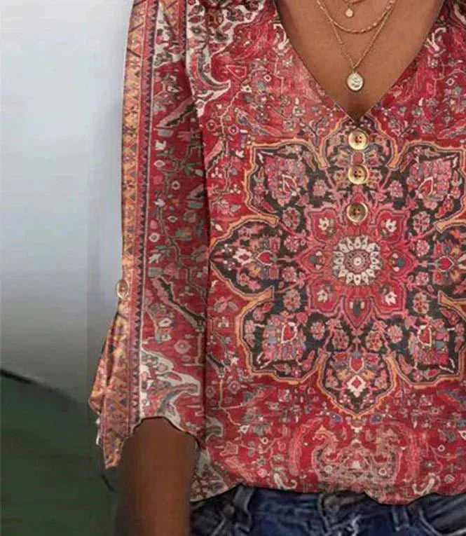 Brianna Blouse Bohemian Woman – Ruby Red Blouse with Oriental Print & Authentic Boho Style
