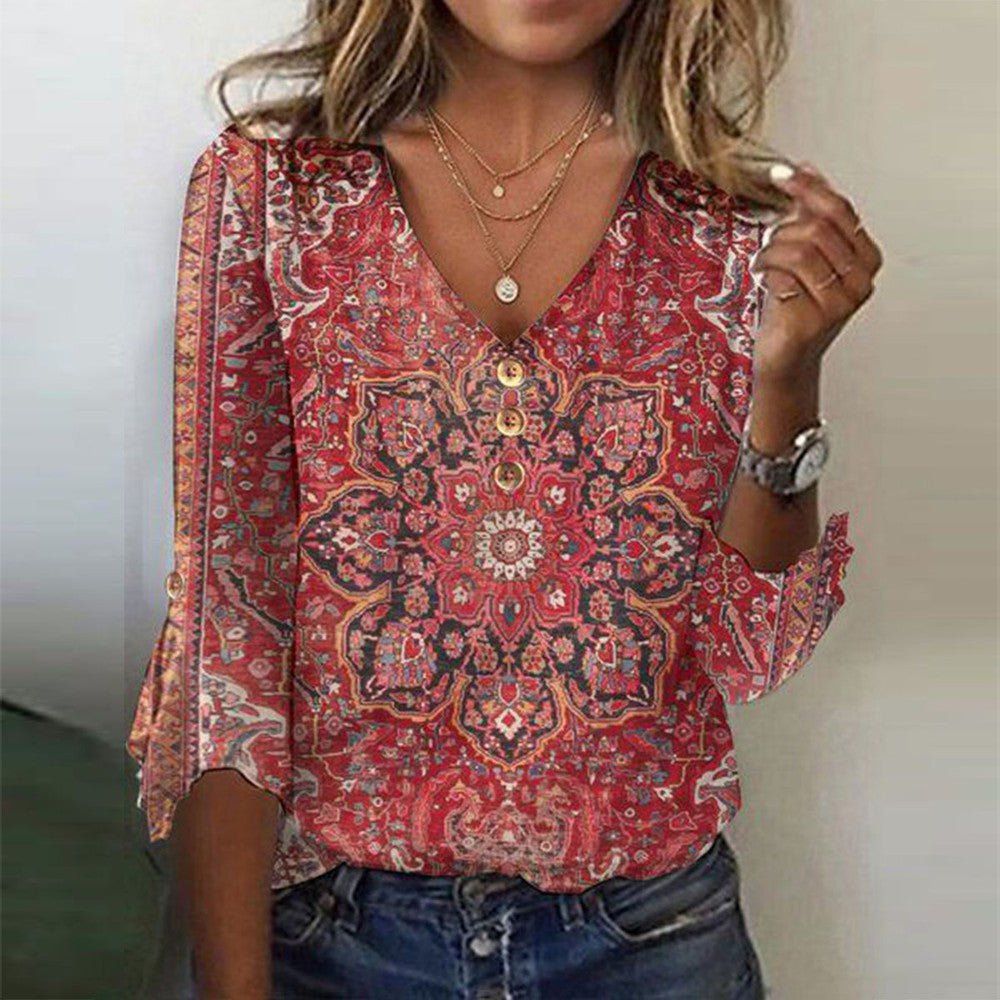 Brianna Blouse Bohemian Woman – Ruby Red Blouse with Oriental Print & Authentic Boho Style