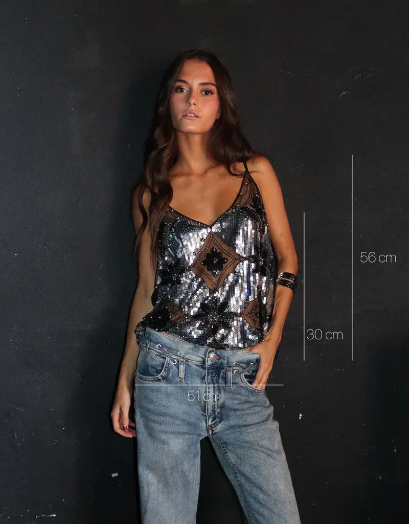 Diana Haut Femme – Elegant Floral Design Semi-Transparent with Sequins and V-Neck