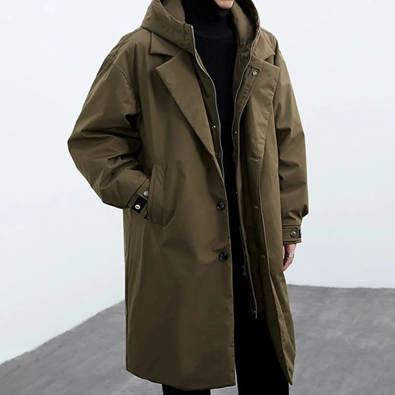 Damian Trench Coat Long Men Waterproof – Quilted Lining, Hood & Winter Warmth